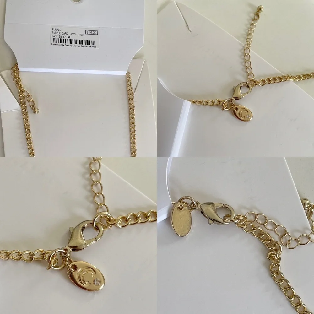 Charming Charlie Dark Purple & Gold-Tone Stone Necklace NWT - Picture 12 of 13